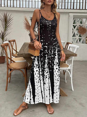 Black & White Ink Splatter Ombre Printed Spaghetti Strap Dress