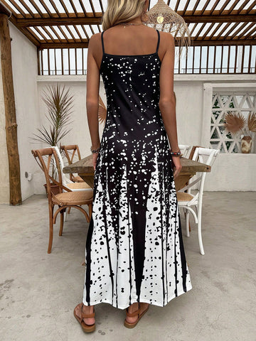 Black & White Ink Splatter Ombre Printed Spaghetti Strap Dress