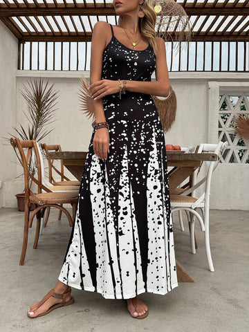 Black & White Ink Splatter Ombre Printed Spaghetti Strap Dress