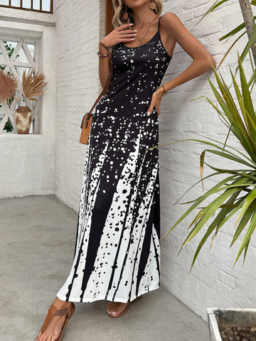 Black & White Ink Splatter Ombre Printed Spaghetti Strap Dress