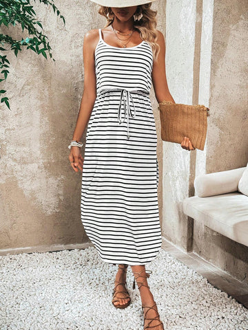 Black & White Striped Spaghetti Strap Dress With Drawstring Waist And Side Slit Hem