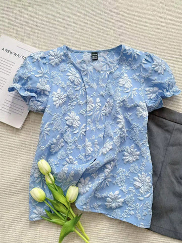 LUNE Blue Elegant Open Collar Jacquard Puff Sleeve Top Shirt
