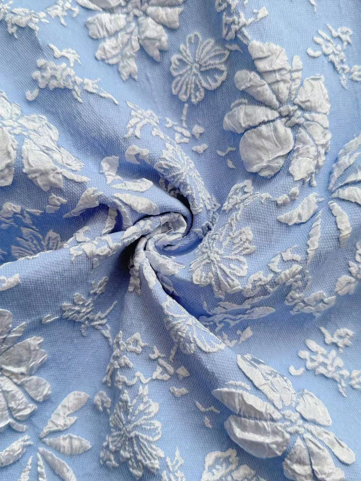 LUNE Blue Elegant Open Collar Jacquard Puff Sleeve Top Shirt