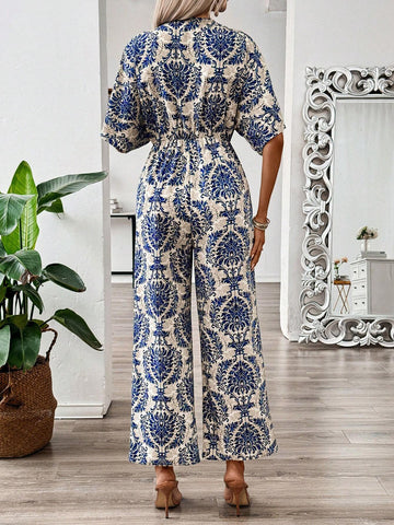 Bohemian Print Deep V-Neck Tie Waist Short Sleeve Jumpsuit With Elastic Waist For Summer Vacation