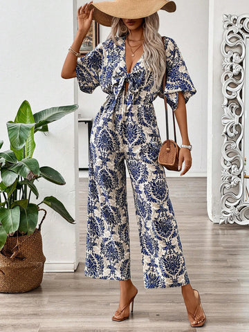 Bohemian Print Deep V-Neck Tie Waist Short Sleeve Jumpsuit With Elastic Waist For Summer Vacation