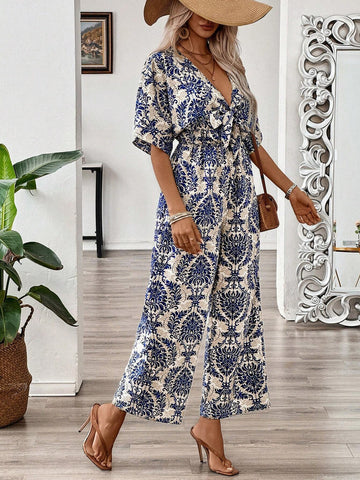 Bohemian Print Deep V-Neck Tie Waist Short Sleeve Jumpsuit With Elastic Waist For Summer Vacation