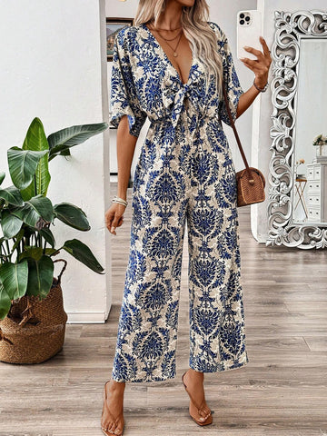Bohemian Print Deep V-Neck Tie Waist Short Sleeve Jumpsuit With Elastic Waist For Summer Vacation