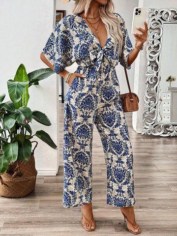 Bohemian Print Deep V-Neck Tie Waist Short Sleeve Jumpsuit With Elastic Waist For Summer Vacation