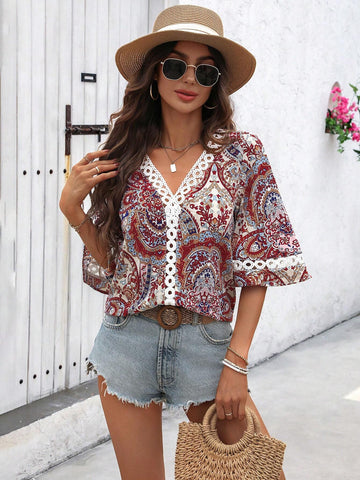 LUNE Bohemian Style 3/4 Sleeve Women's Shirt For Beach Holiday, Casual Wear Or Mother's Day In Summer