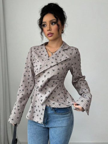 LUNE Bow Print Digital Asymmetrical Hem Elegant Long Sleeve Shirt