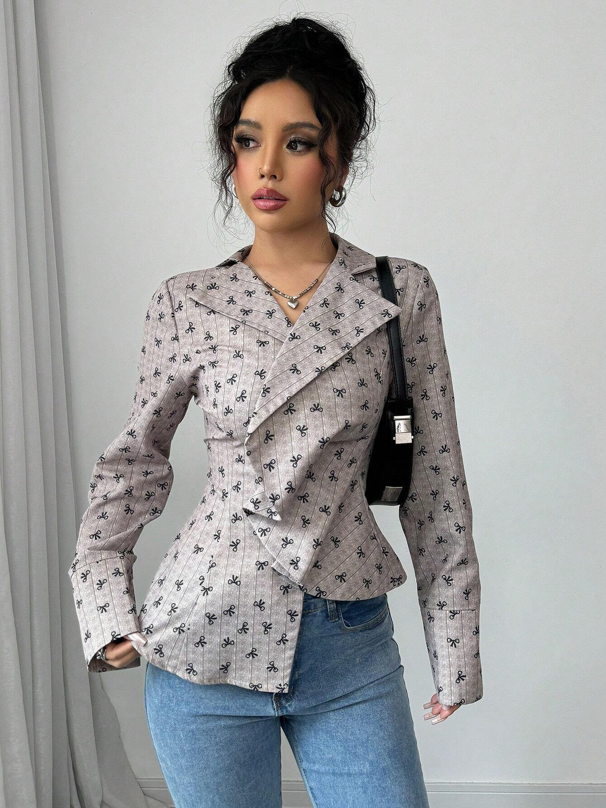 LUNE Bow Print Digital Asymmetrical Hem Elegant Long Sleeve Shirt