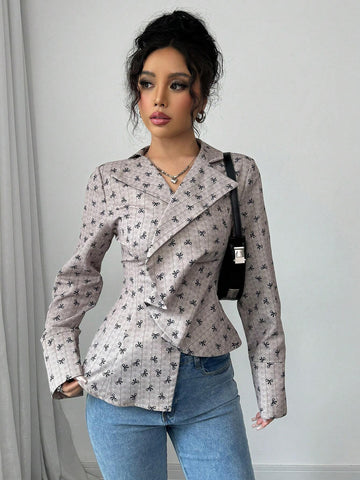 LUNE Bow Print Digital Asymmetrical Hem Elegant Long Sleeve Shirt