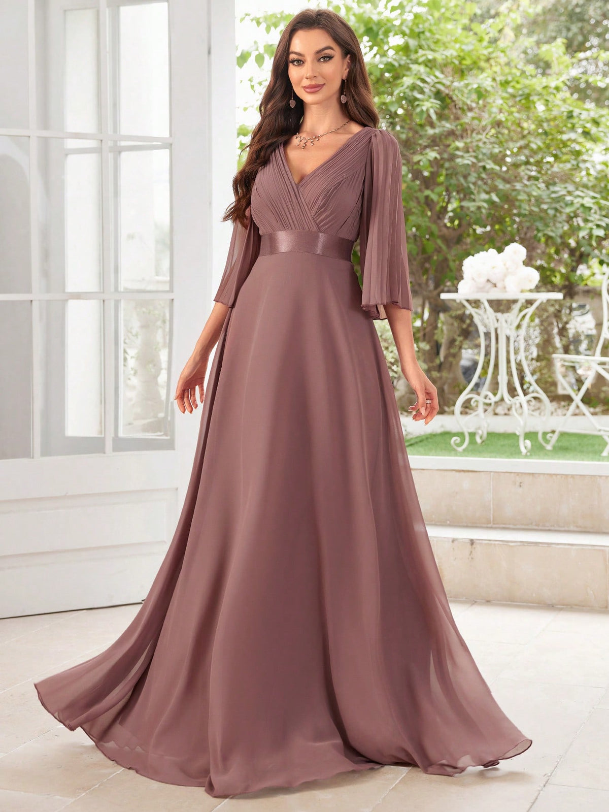 Bridesmaid Chiffon Pleated Patchwork Maxi Dress