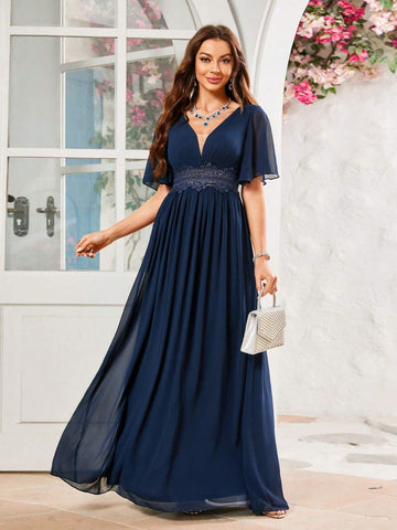 Bridesmaid Dress With Floral Waistband Design And Chiffon Fabric