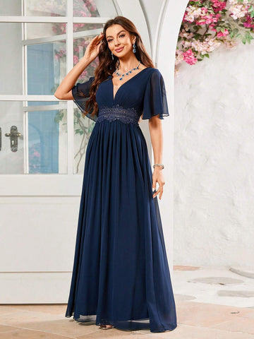 Bridesmaid Dress With Floral Waistband Design And Chiffon Fabric