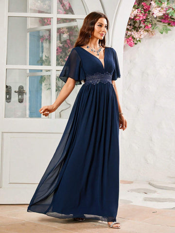 Bridesmaid Dress With Floral Waistband Design And Chiffon Fabric