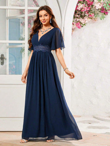 Bridesmaid Dress With Floral Waistband Design And Chiffon Fabric