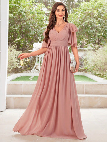 Bridesmaid Dress With Pleated Chiffon Skirt And Lace Cap Sleeves
