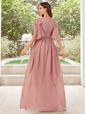 Bridesmaid Dress With Pleated Chiffon Skirt And Lace Cap Sleeves
