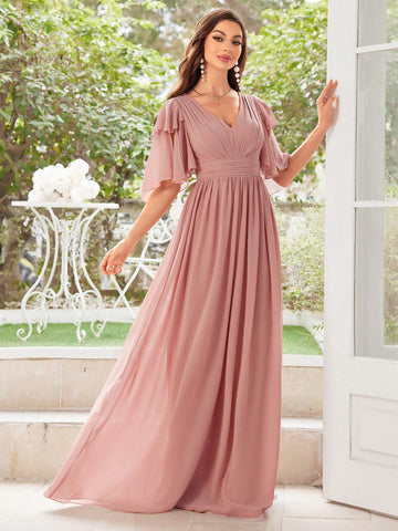 Bridesmaid Dress With Pleated Chiffon Skirt And Lace Cap Sleeves