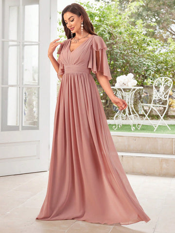 Bridesmaid Dress With Pleated Chiffon Skirt And Lace Cap Sleeves