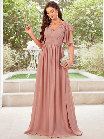 Bridesmaid Dress With Pleated Chiffon Skirt And Lace Cap Sleeves