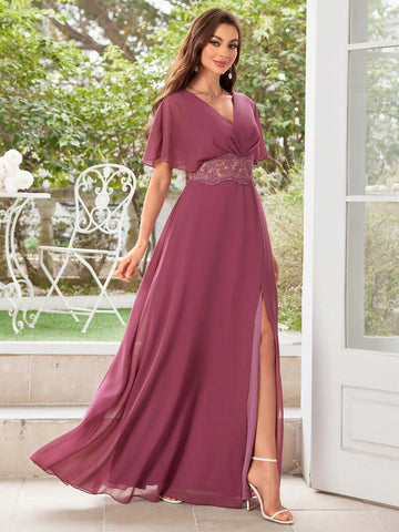 Bridesmaid Maxi Dress With Waist Embroidery Design And High Side Slit