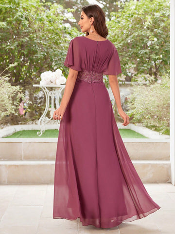 Bridesmaid Maxi Dress With Waist Embroidery Design And High Side Slit