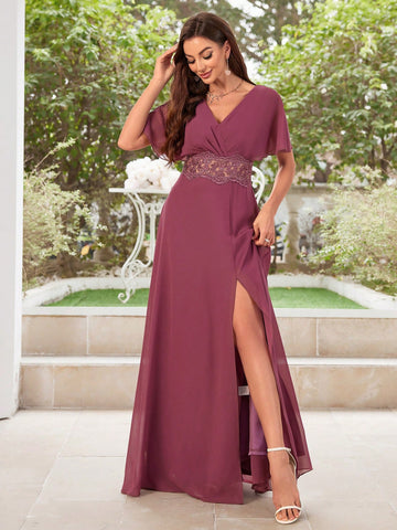 Bridesmaid Maxi Dress With Waist Embroidery Design And High Side Slit