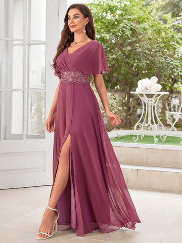 Bridesmaid Maxi Dress With Waist Embroidery Design And High Side Slit