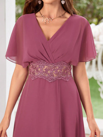 Bridesmaid Maxi Dress With Waist Embroidery Design And High Side Slit