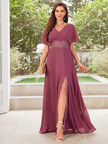 Bridesmaid Maxi Dress With Waist Embroidery Design And High Side Slit