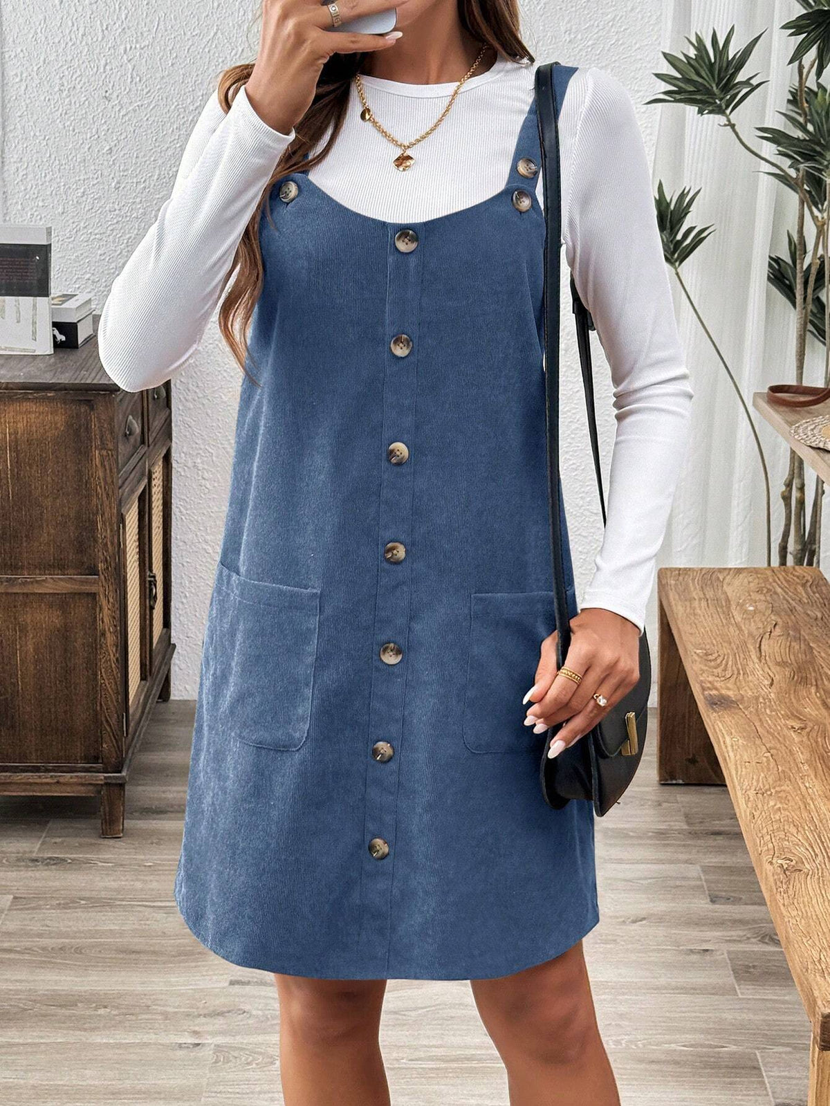 Brown Corduroy Pinafore Dress With Pockets For Women
