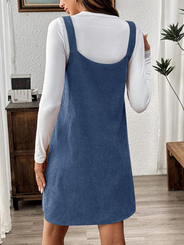 Brown Corduroy Pinafore Dress With Pockets For Women