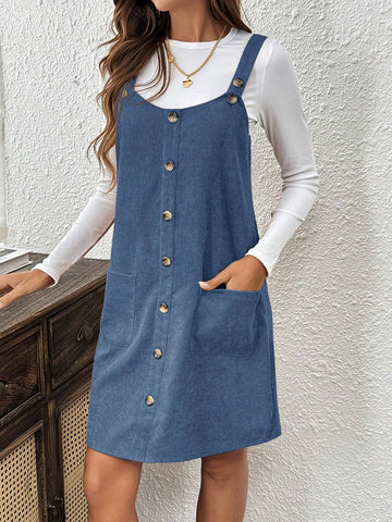 Brown Corduroy Pinafore Dress With Pockets For Women