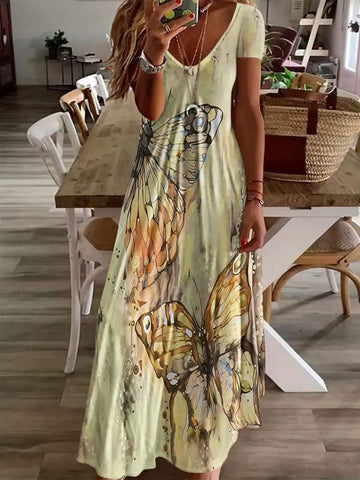 Butterfly Print Patterned Floral A-Line Short Sleeve Dress With Large Round Neckline For Summer