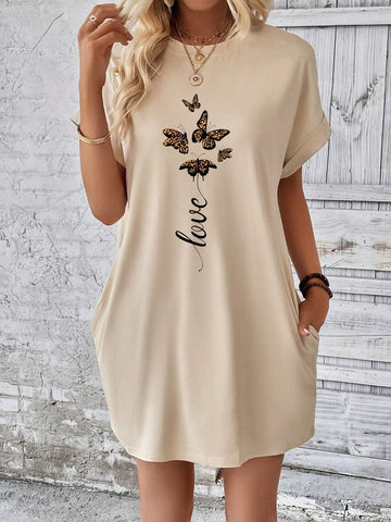 Butterfly & Letter Graphic Batwing Sleeve Tee Dress