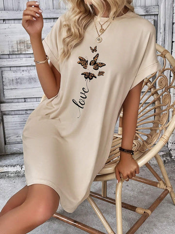 Butterfly & Letter Graphic Batwing Sleeve Tee Dress