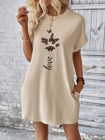 Butterfly & Letter Graphic Batwing Sleeve Tee Dress