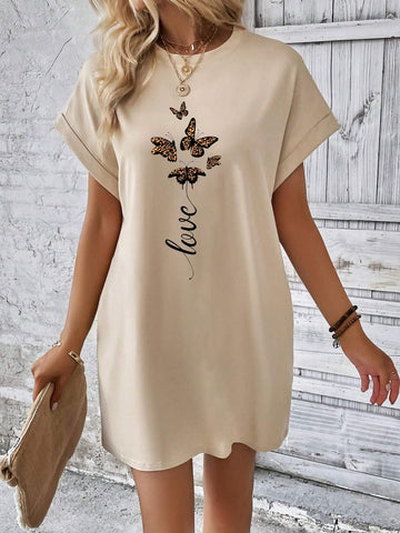 Butterfly & Letter Graphic Batwing Sleeve Tee Dress