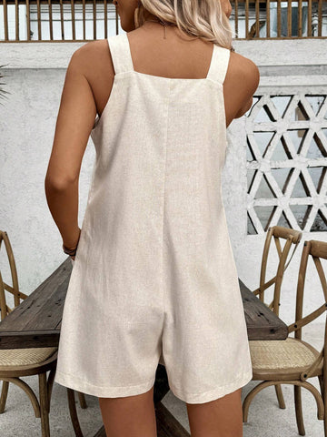 Button-Front V-Neck Casual Summer Jumpsuit With Double Pockets