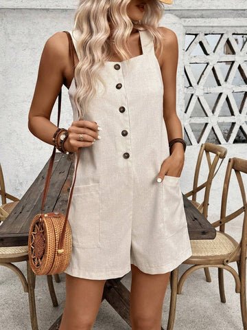 Button-Front V-Neck Casual Summer Jumpsuit With Double Pockets