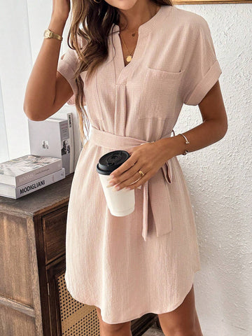 Button Back Batwing Sleeve Belted Dress