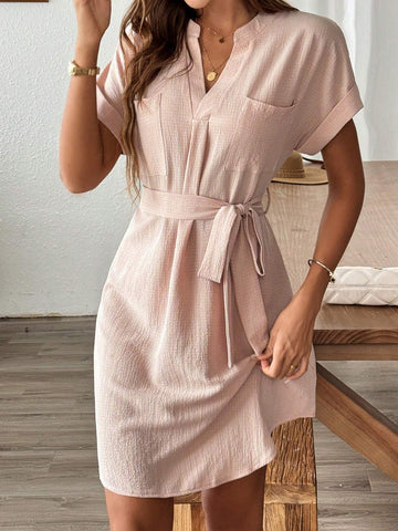 Button Back Batwing Sleeve Belted Dress