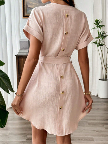 Button Back Batwing Sleeve Belted Dress