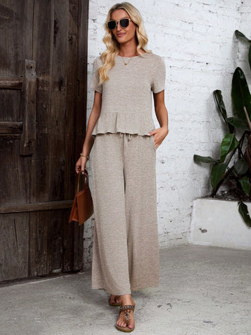 Button Detail Back Ruffle Hem Top And Pants Set