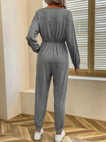 Button Knot Front Slant Pocket Jumpsuit