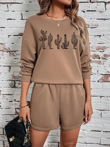 Cactus Pattern Round Neck Loose Fit Women's 2pcs/Set Long Sleeve Outfit, Suitable For Spring And Autumn Seasons