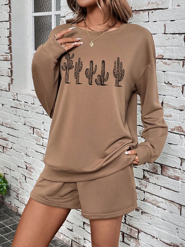 Cactus Pattern Round Neck Loose Fit Women's 2pcs/Set Long Sleeve Outfit, Suitable For Spring And Autumn Seasons