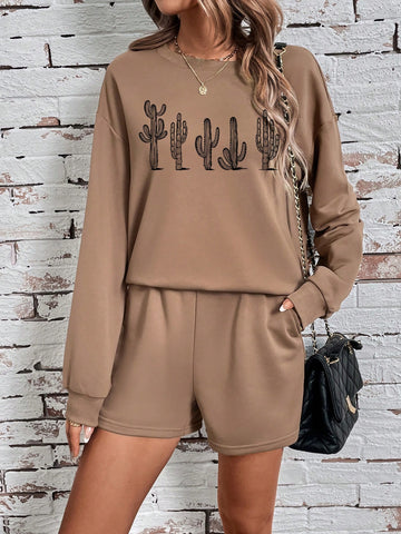 Cactus Pattern Round Neck Loose Fit Women's 2pcs/Set Long Sleeve Outfit, Suitable For Spring And Autumn Seasons